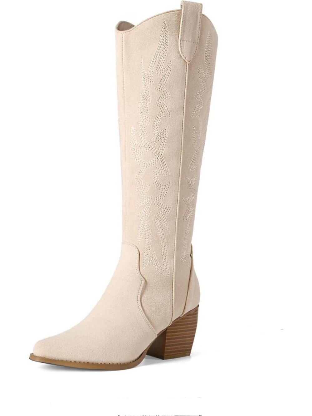Womens Beige Wide Calf Pull On Zipper Chunky Heel Western Cowgirl Knee High Boot